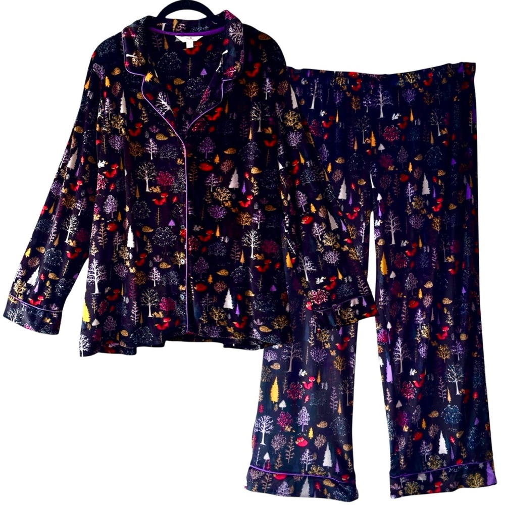 Secret Treasures Velour Pajama Set Black Woodland Fox Cabincore Holiday